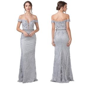 Gray Lace Off Shoulder Evening Gown. XS- 3XL.